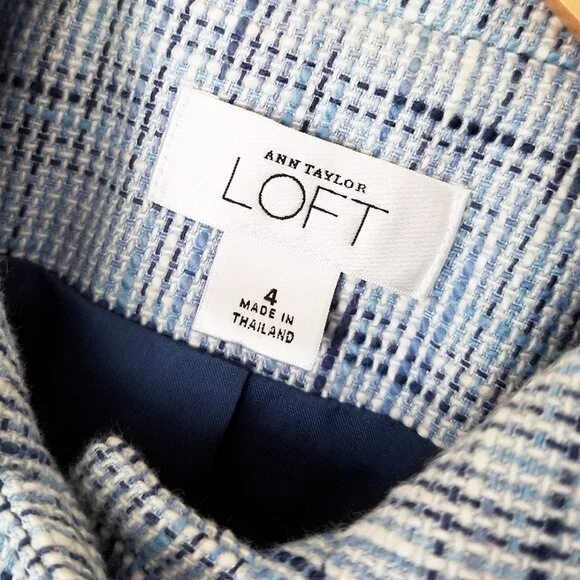 LOFT Ann Taylor Light Blue Tweed 100% Cotton Blazer Jacket 4 Preppy Office Boho - Picture 8 of 15